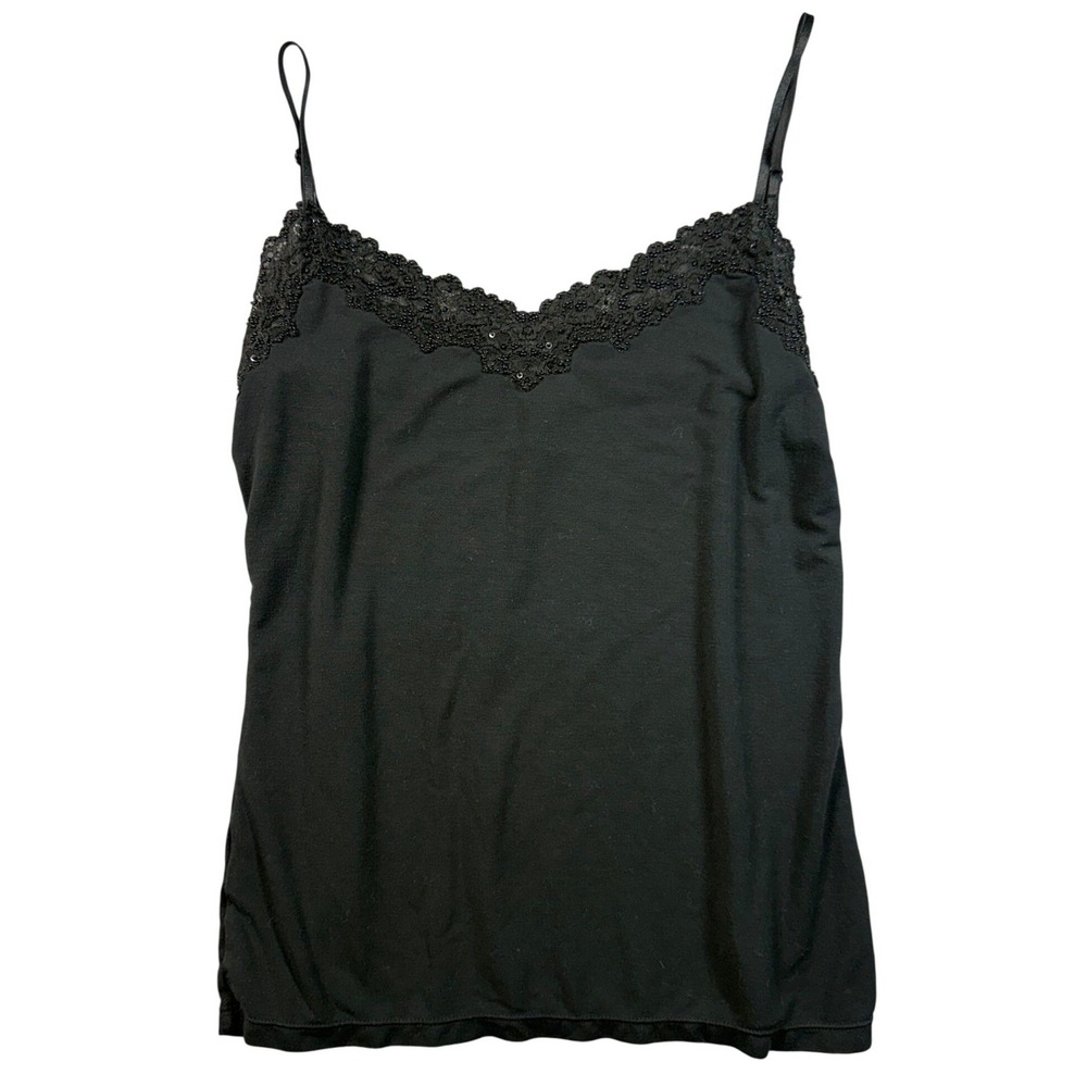 Y2K Womens Black Lace Trim Beaded Sequin Camisole Cami Tank Top Small‎